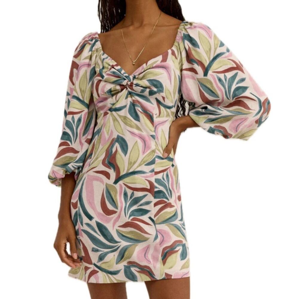 Z Supply Long Puff Sleeve Square Neck Tropical Print Mirani Safari Mini Dress